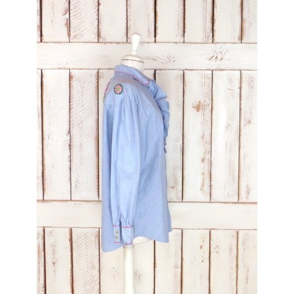 Vintage blue cotton denim ruffle button down boho shirt - Picture 2 of 4